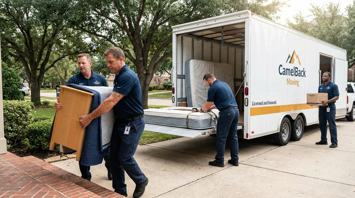 Crew loading residential truck for cross-state move from Mountain View, AR