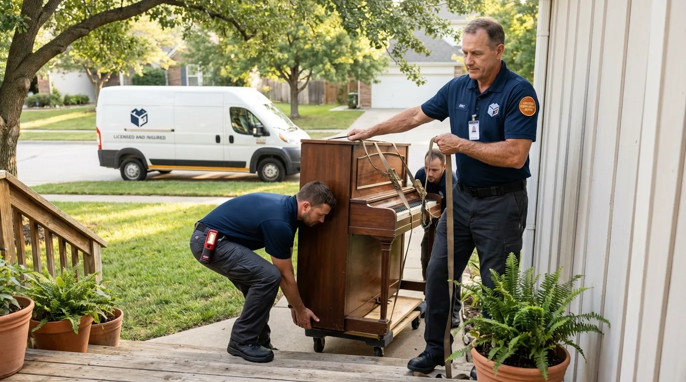 Licensed piano movers securing grand piano in Mountain View, AR