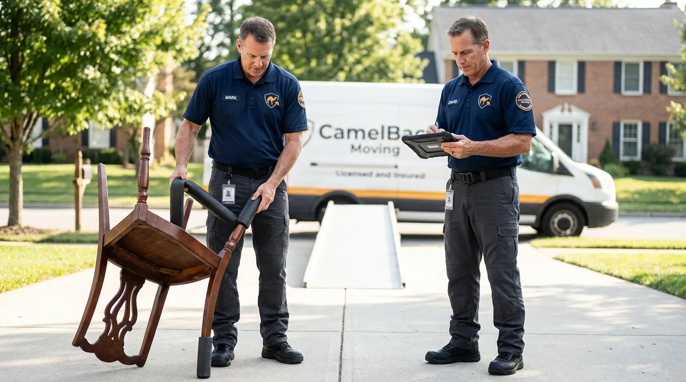 Movers inspecting furniture for damage prevention before loading in Mountain View, AR
