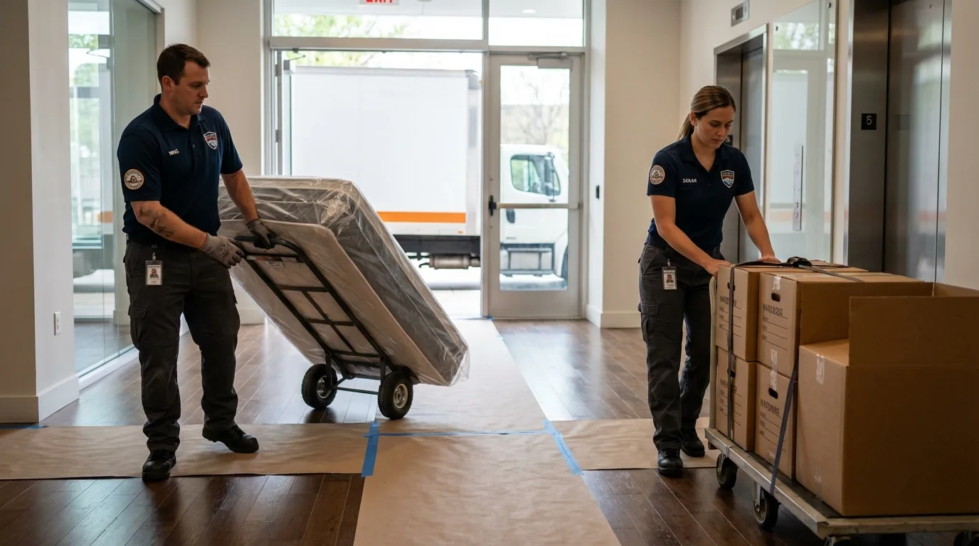 Professional apartment movers loading elevator in Mountain View, AR