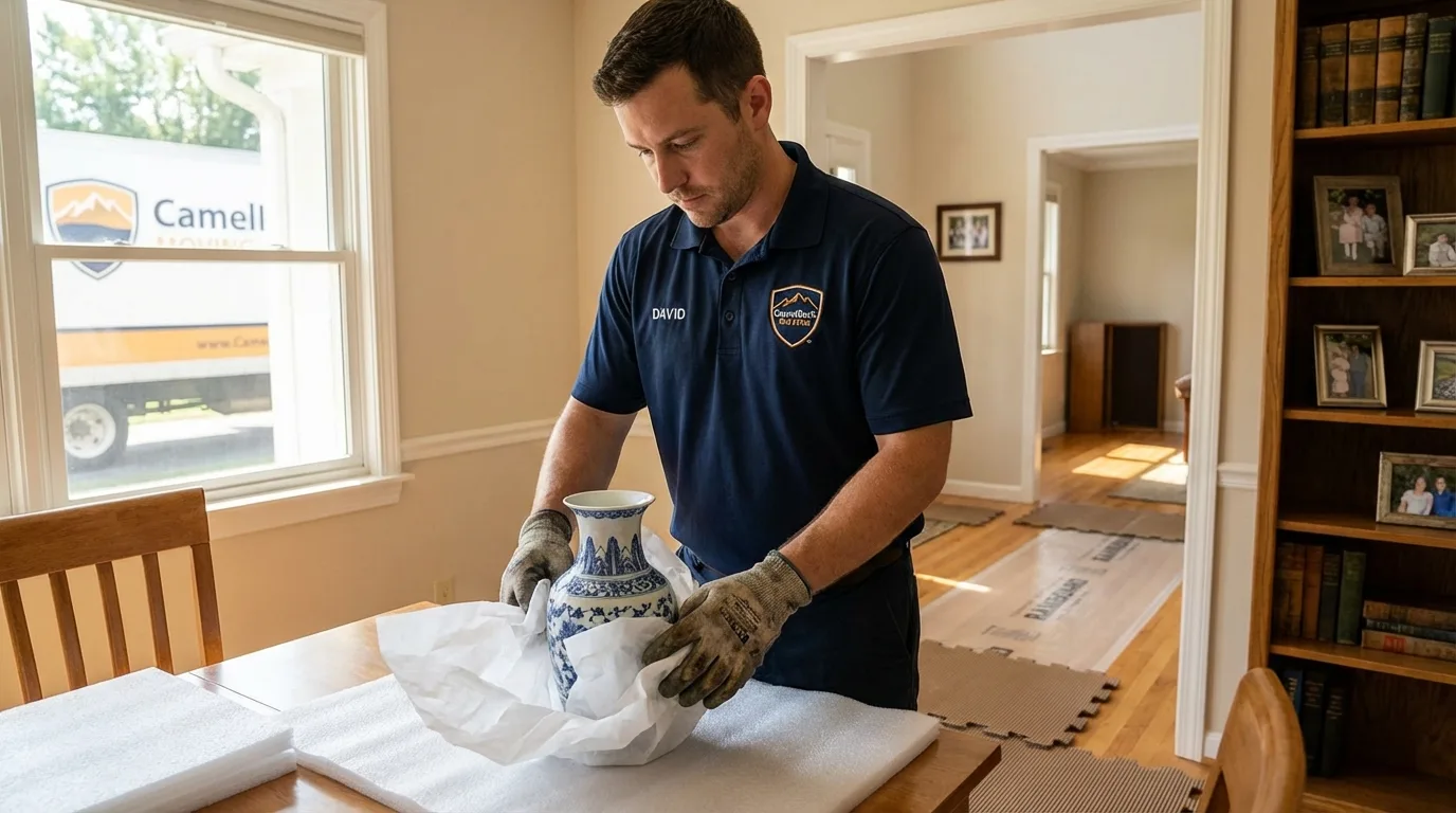 Professional crew carefully wrapping antique vase for senior downsizing move in Mountain View, AR